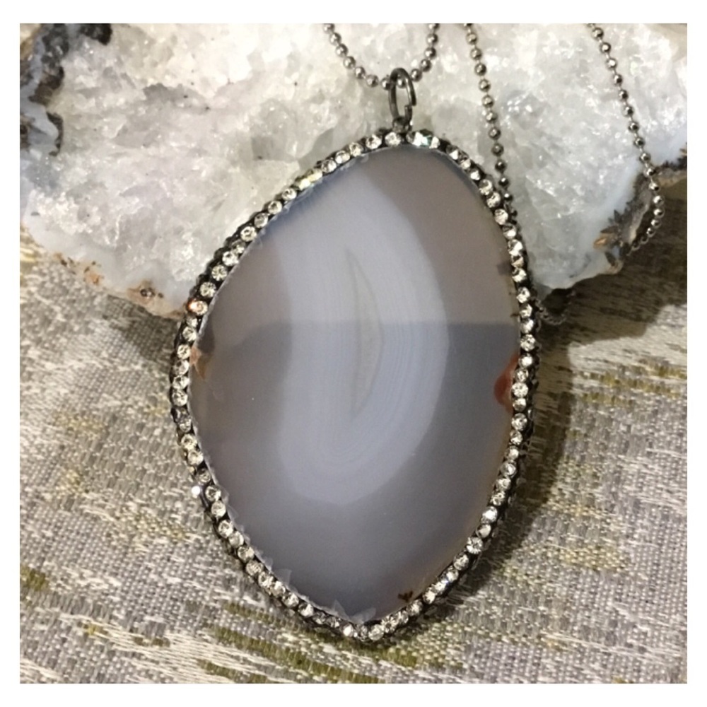 Natural Stone Rhinestone Large Pendant Necklace